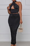 Rose Red Fashion Sexy Tops Hollow Out Strapless Fold Skirts Sets WY6819-4