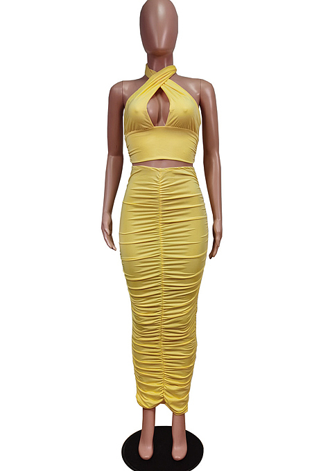 Orange Red Fashion Sexy Tops Hollow Out Strapless Fold Skirts Sets WY6819-5