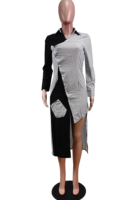 Red Fashion Spliced Shirt Long Dress Wish Pocket WY6818-1