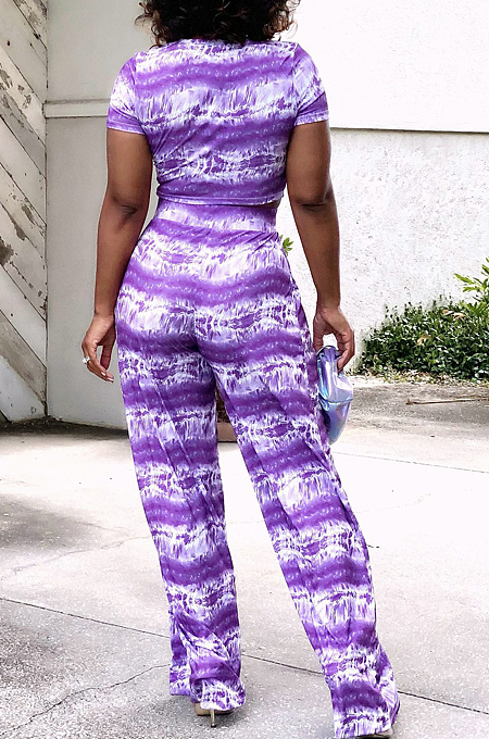 Blue Night Club Printing Short Sleeve Wide Leg Pant Sets X9315-2