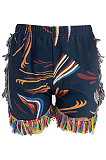 Blue Women Fashion Tassel One Shoulder Tops Shorts Sets XXR2160