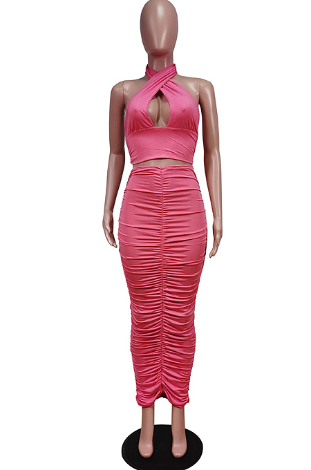 Yellow Fashion Sexy Tops Hollow Out Strapless Fold Skirts Sets WY6819-3