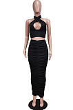Rose Red Fashion Sexy Tops Hollow Out Strapless Fold Skirts Sets WY6819-4