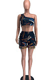 Blue Women Fashion Tassel One Shoulder Tops Shorts Sets XXR2160