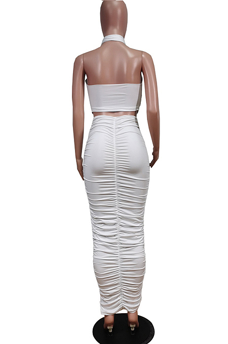 Yellow Fashion Sexy Tops Hollow Out Strapless Fold Skirts Sets WY6819-3