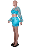 Rose Red Strapless Puff Sleeve Ruffle Lace Fashion Sexy Two Piece SZS8073-3