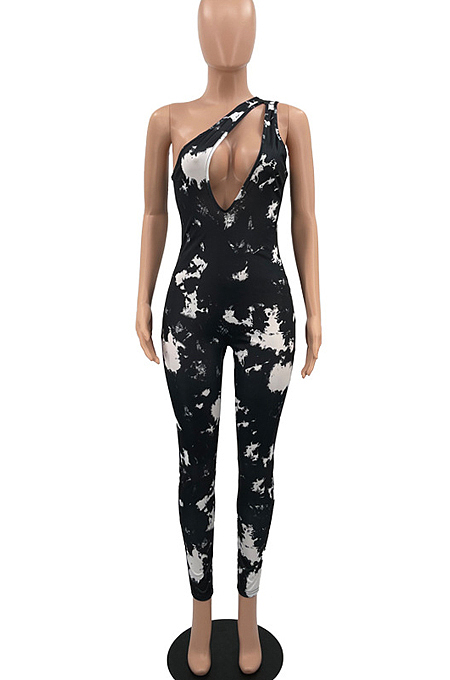 Grey Summer Hypotenuse Ink Painting Printing Bobycon Jumpsuits YC8025-3