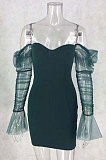 Women Sexy Strapless Spliced Mesh Sleeve Trendy Tight Mini Dress MS1279