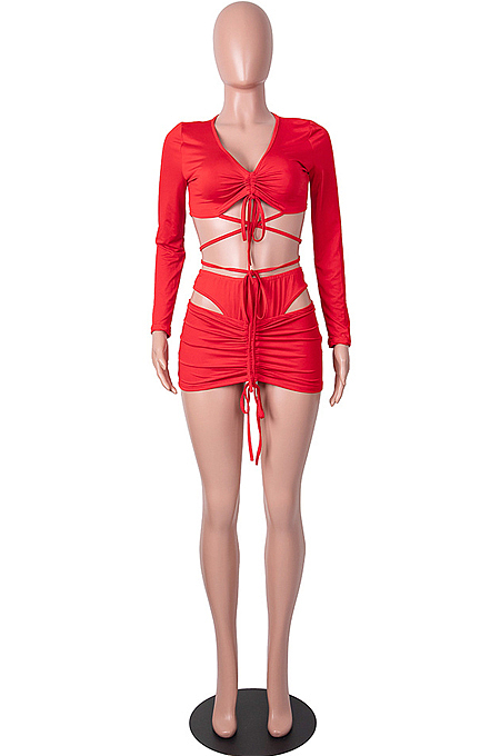 Rose Red Strapless Tie The Rope V Neck Sexy Fashion Three Piece SZS8063-6