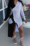 Navy Blue Fashion Spliced Shirt Long Dress Wish Pocket WY6818-3