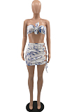 Light Blue Summer Printing Bind Strapless Skirts Sets YC8026