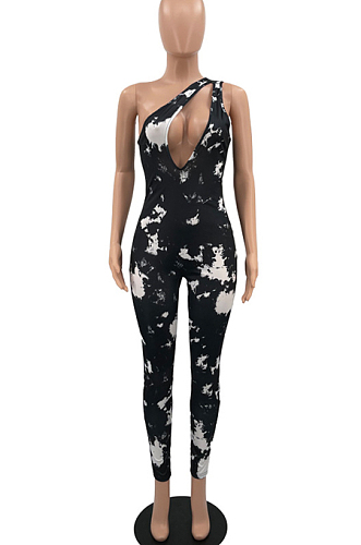 Black Summer Hypotenuse Ink Painting Printing Bobycon Jumpsuits YC8025-1