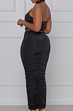 Rose Red Fashion Sexy Tops Hollow Out Strapless Fold Skirts Sets WY6819-4