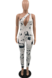 White Summer Hypotenuse Ink Painting Printing Bobycon Jumpsuits YC8025-2