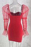 Women Sexy Strapless Spliced Mesh Sleeve Trendy Tight Mini Dress MS1279