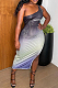 Gradient Summer Fashion Oblique Shoulder Gradient Print Dress YC8036