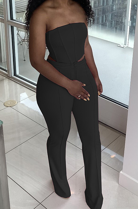Black Euramerican Sexy Tops Strapless Back With Zipper Long Pant Sets WY6820-3
