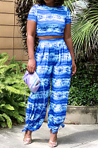 Blue Night Club Printing Short Sleeve Wide Leg Pant Sets X9315-2