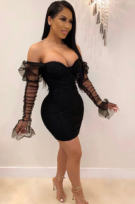 Women Sexy Strapless Spliced Mesh Sleeve Trendy Tight Mini Dress MS1279