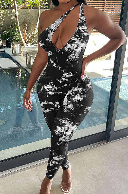 Black Summer Hypotenuse Ink Painting Printing Bobycon Jumpsuits YC8025-1