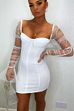 Women Sexy Strapless Spliced Mesh Sleeve Trendy Tight Mini Dress MS1279