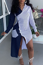 Navy Blue Fashion Spliced Shirt Long Dress Wish Pocket WY6818-3