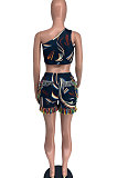Blue Women Fashion Tassel One Shoulder Tops Shorts Sets XXR2160