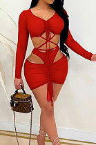 Red Strapless Tie The Rope V Neck Sexy Fashion Three Piece SZS8063-1