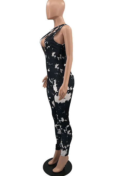 White Summer Hypotenuse Ink Painting Printing Bobycon Jumpsuits YC8025-2