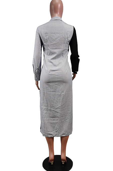 Red Fashion Spliced Shirt Long Dress Wish Pocket WY6818-1