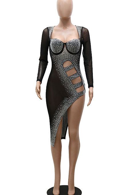 Black Mid Waist Hot Drilling Pure Color Sexy Polyester Mesh Long Sleeve Mini Dress YF9104-1