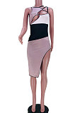 Apricot Women Sleeveless Contrast Color Hollow Out Condole Belt Split Mini Dress JZH8060
