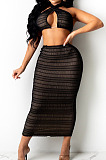 Black Cross Fold Perspective Sexy Halter Neck Strapless Long Skirts Sets QZ4350-1