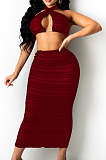 Navy Blue Cross Fold Perspective Sexy Halter Neck Strapless Long Skirts Sets QZ4350-3