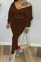 Coffee Women V Neck Long Sleeve Long Pant Pure Color Two-Pieces HYM86814-3
