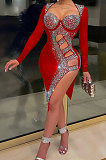 Golden Mid Waist Hot Drilling Pure Color Sexy Polyester Mesh Long Sleeve Mini Dress YF9104-3