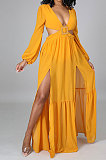 Green Long Sleeve Mid Waist Sexy Zipper Pure Color Long Dress YF9105-2
