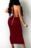 Navy Blue Cross Fold Perspective Sexy Halter Neck Strapless Long Skirts Sets QZ4350-3