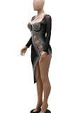 Golden Mid Waist Hot Drilling Pure Color Sexy Polyester Mesh Long Sleeve Mini Dress YF9104-3