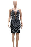 Black Hot Drilling Mid Waist Polyester Mesh Condole Belt Mini Dress YF9095-1