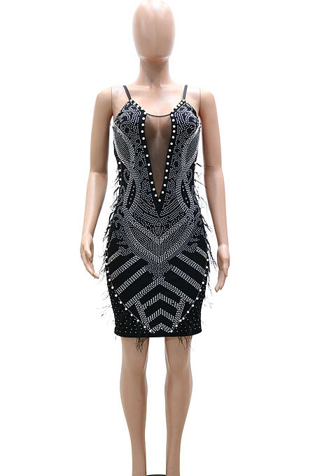 Black Hot Drilling Mid Waist Polyester Mesh Condole Belt Mini Dress YF9095-1