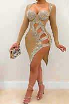 Apricot Mid Waist Hot Drilling Pure Color Sexy Polyester Mesh Long Sleeve Mini Dress YF9104-4