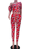Red Casual Women Puff Sleeve Hypotenuse Pants Sets JZH8068