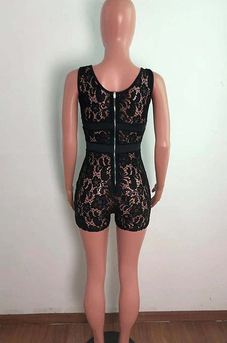 Black Bud Silk Deep V Sleeveless Romper Shorts QZ4349