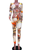 Orange Women Autumn Winter Sexy Hollow Out Bnadage Bodycon Jumpsuits JZH8070