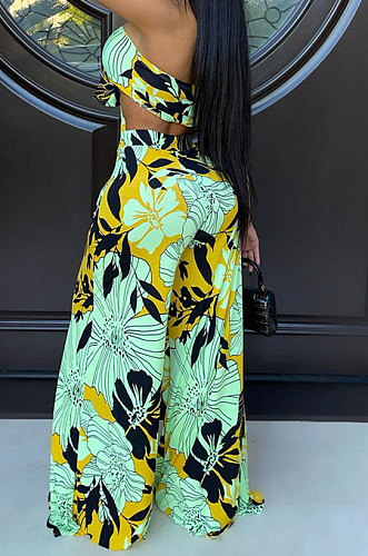 Green Milk Silk Printing Sleeveless Strapless Sexy Pants Sets YF9082-1