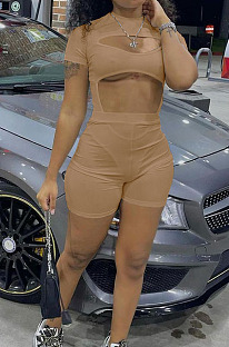 Khaki Night Club Sexy Holow Out Shorts Two Piece FH168-4