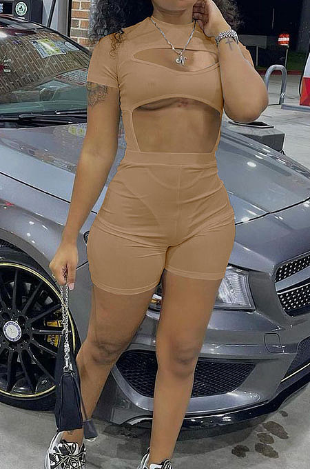 Khaki Night Club Sexy Holow Out Shorts Two Piece FH168-4