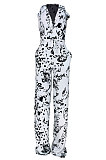 Black White Women Deep V Loose With Belt Pocket Casual Jumpsuits JZH8066
