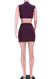 Purple Casual Women Sleeveless Tops Spliced Slit Skirts Sets JZH8065